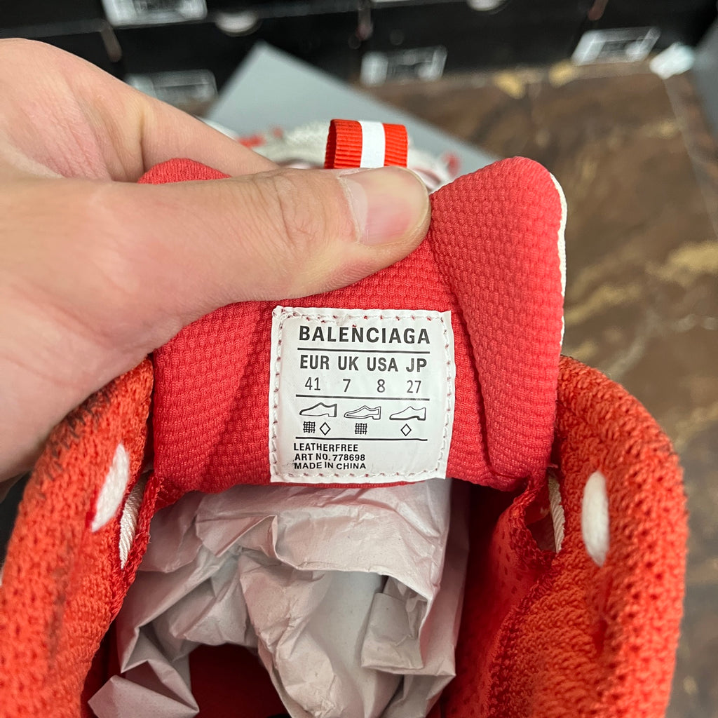 Balenciaga size label inside red sneaker lining, EUR UK USA JP 41