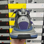 Sneakers back view with heel collar in purple and gray and blue sole trim