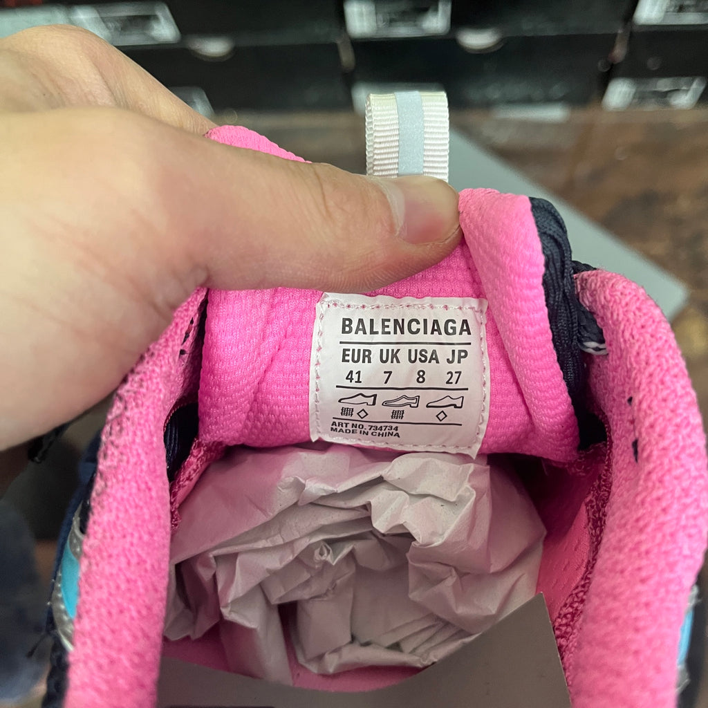 Unisex shoe size label inside with BALENCIAGA branding and pink fabric lining