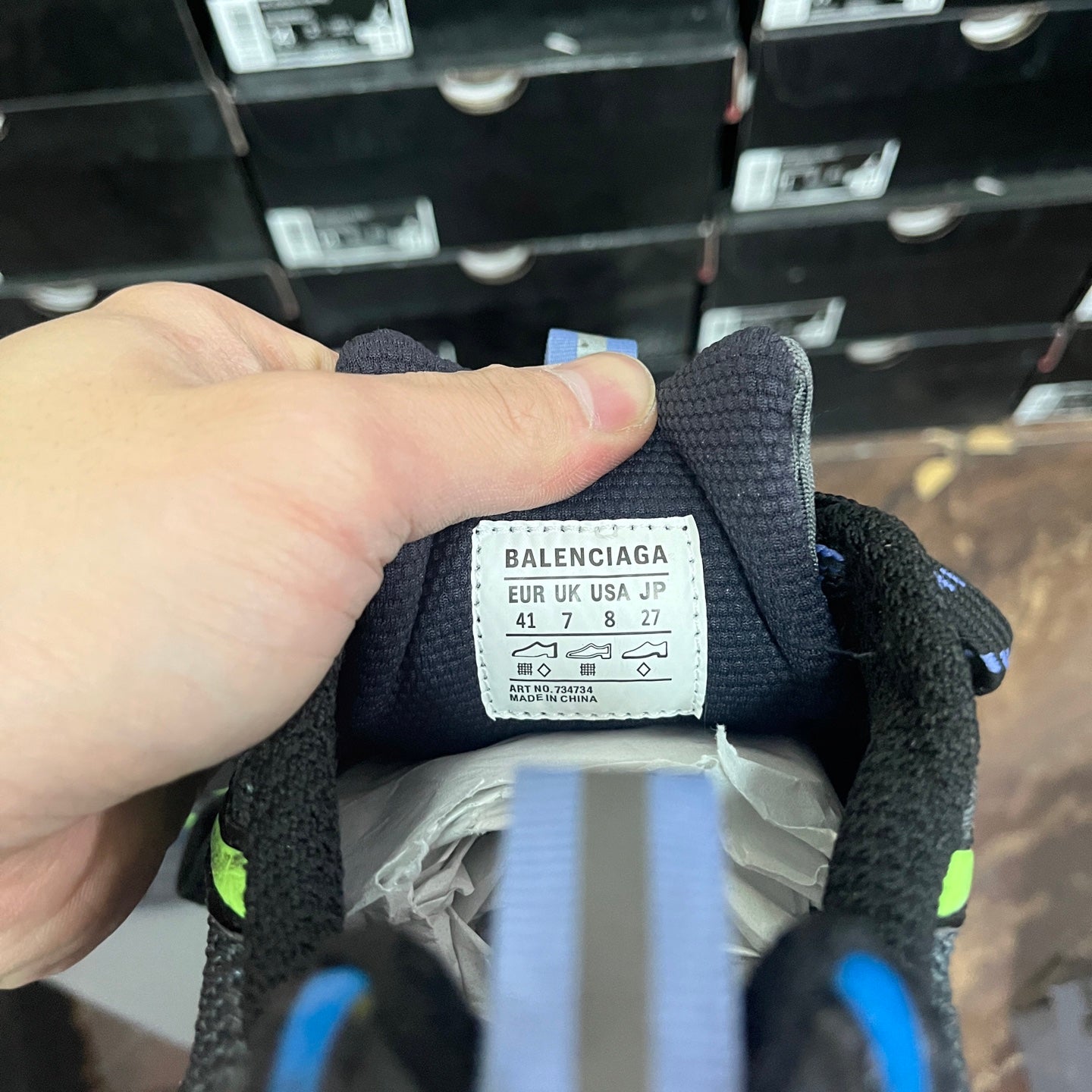 Balenciaga size label inside black sneaker: EU/UK/US sizing details and “41”