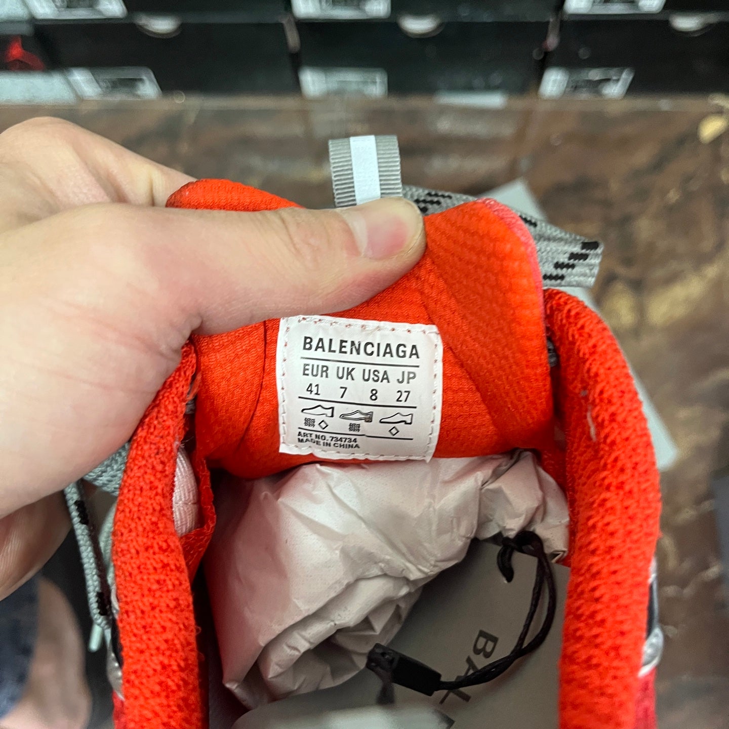 Shoe size label inside sneaker: BALENCIAGA, EUR UK USA JP, size 41