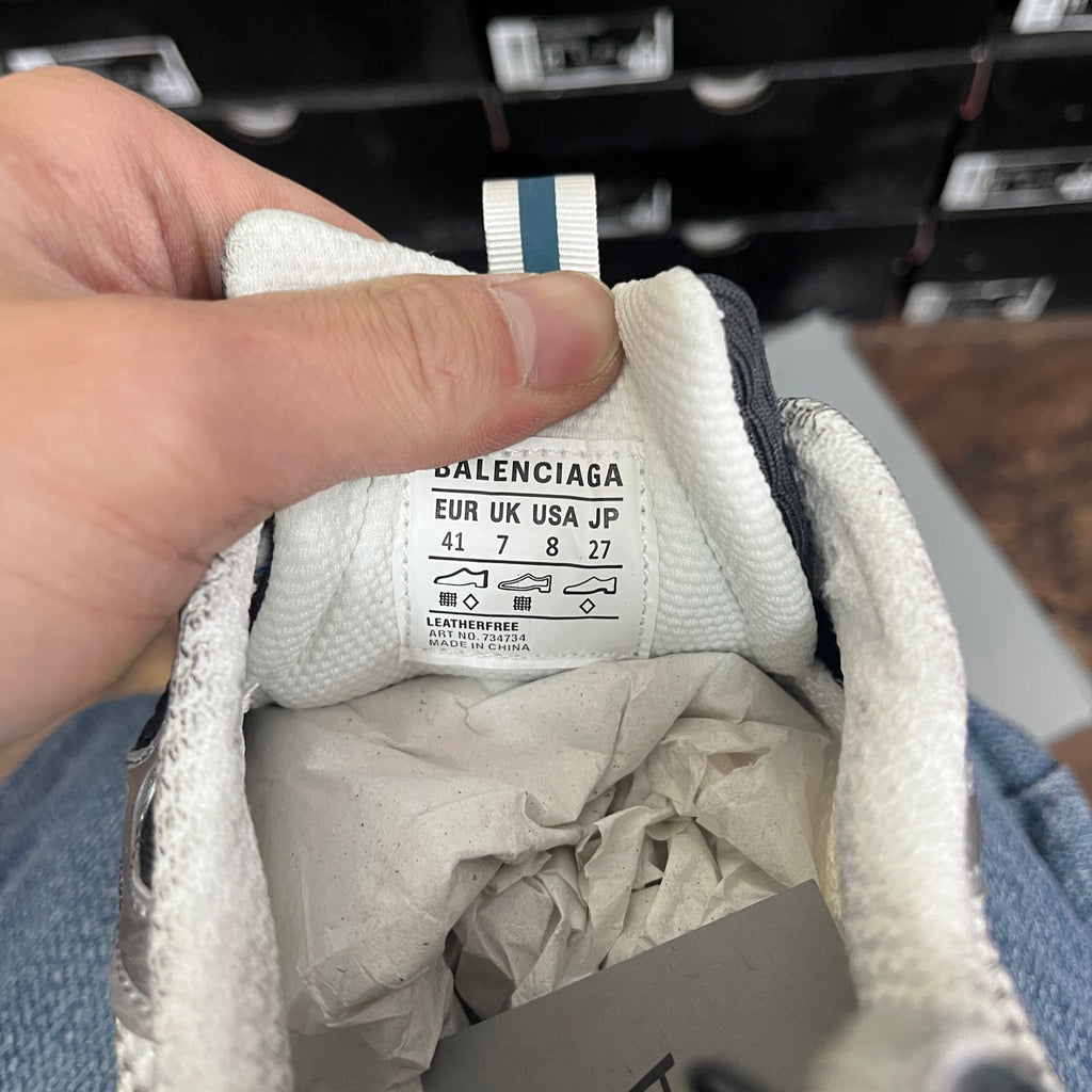 BALENCIAGA size tag inside grey sneaker: EU 41, leatherfree, Made in China