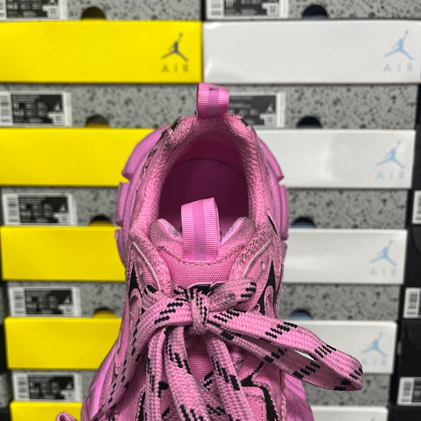 Pink Balenciaga unisex sneaker, back heel view with rear pull loop