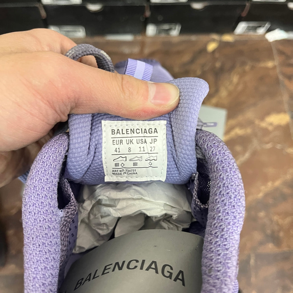 Balenciaga sneaker inner size tag on purple knit upper, white label text