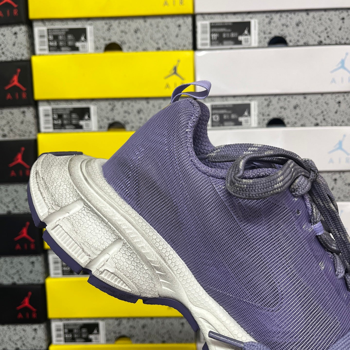 Balenciaga unisex sneaker front in purple knit with lace-up and white midsole