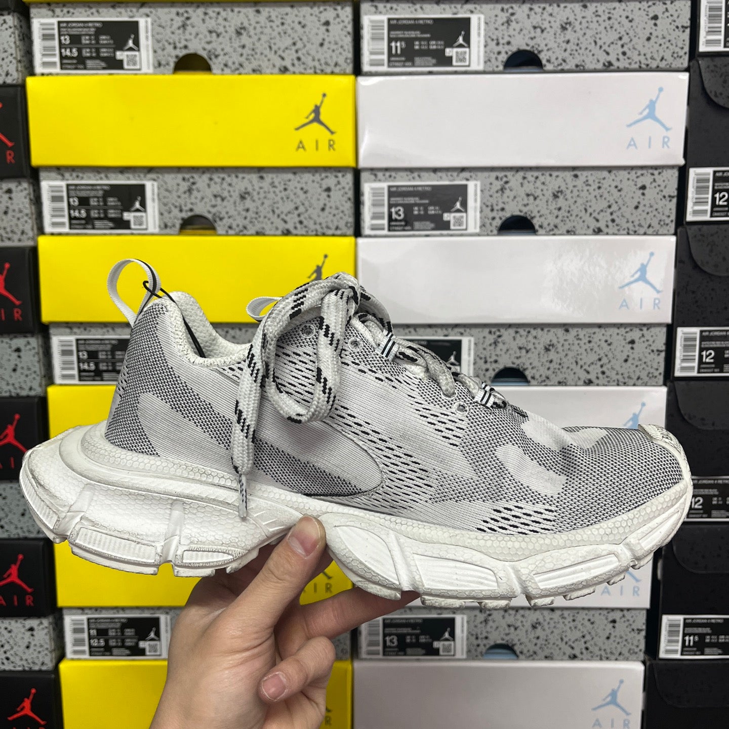 Balenciaga unisex running shoes, gray knit upper, white laces, thick sole