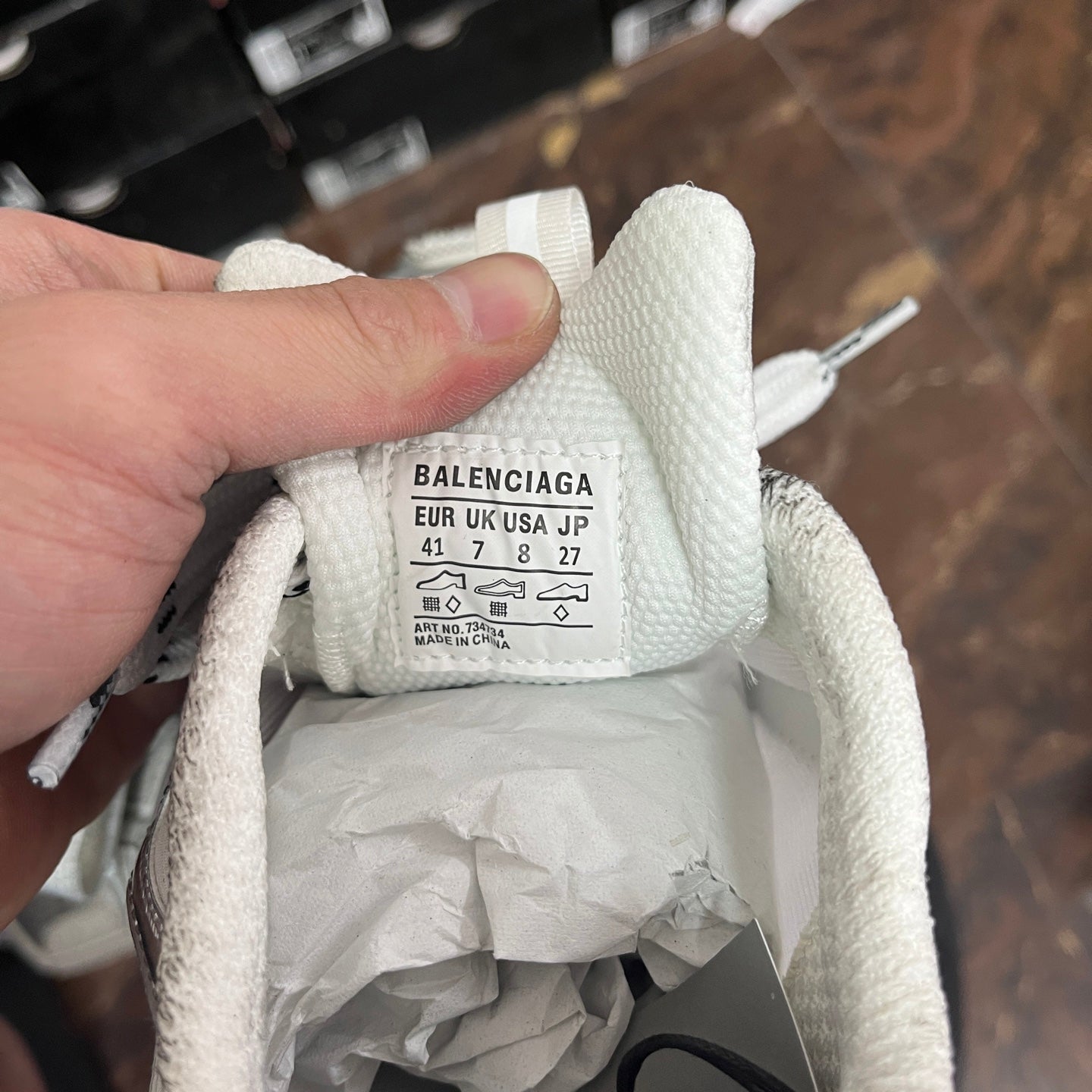 Balenciaga unisex silver sneaker size label on inner tongue lining