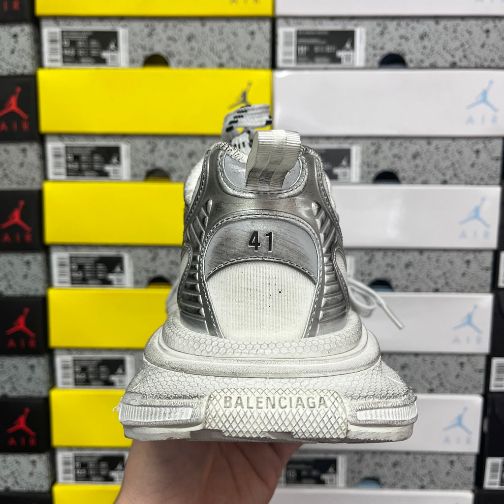 Balenciaga unisex silver sneakers, heel view with size label on back