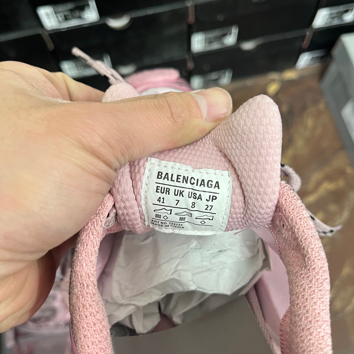 Balenciaga sneaker insole label in pink fabric lining with 'BALENCIAGA' and size 41.