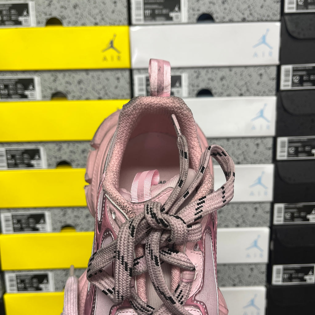 Balenciaga unisex sneaker collar and laces in pink with open interior view.