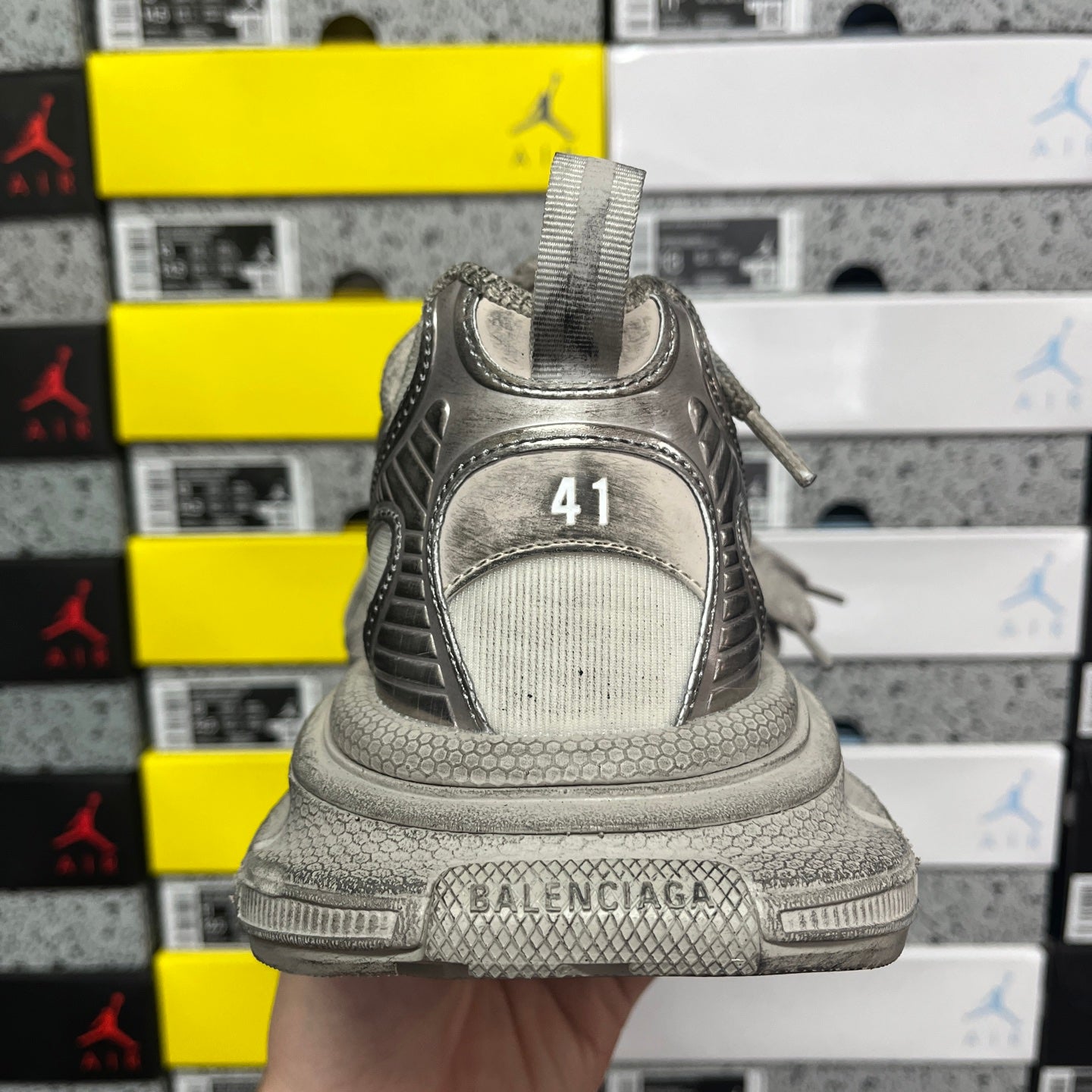 Balenciaga unisex gray sneaker heel with size marking on back collar.