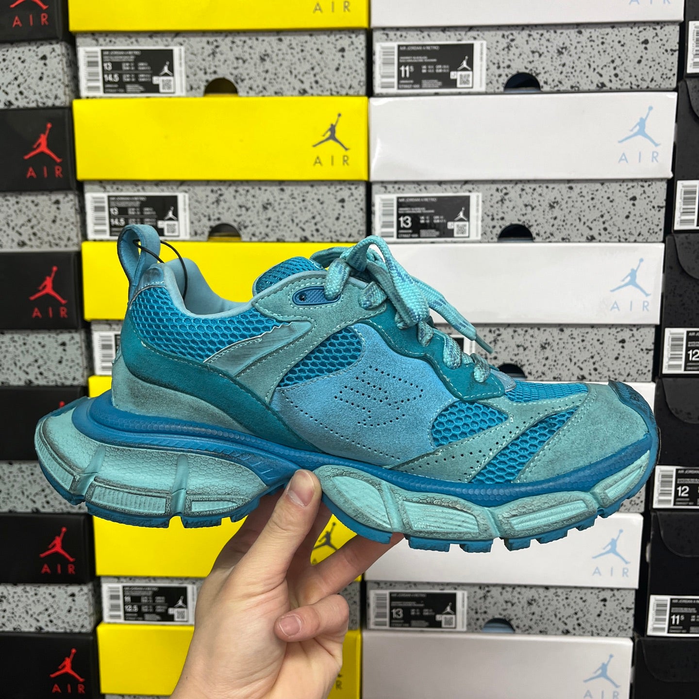 Balenciaga unisex sneakers, teal blue lace-up with chunky midsole and mesh upper