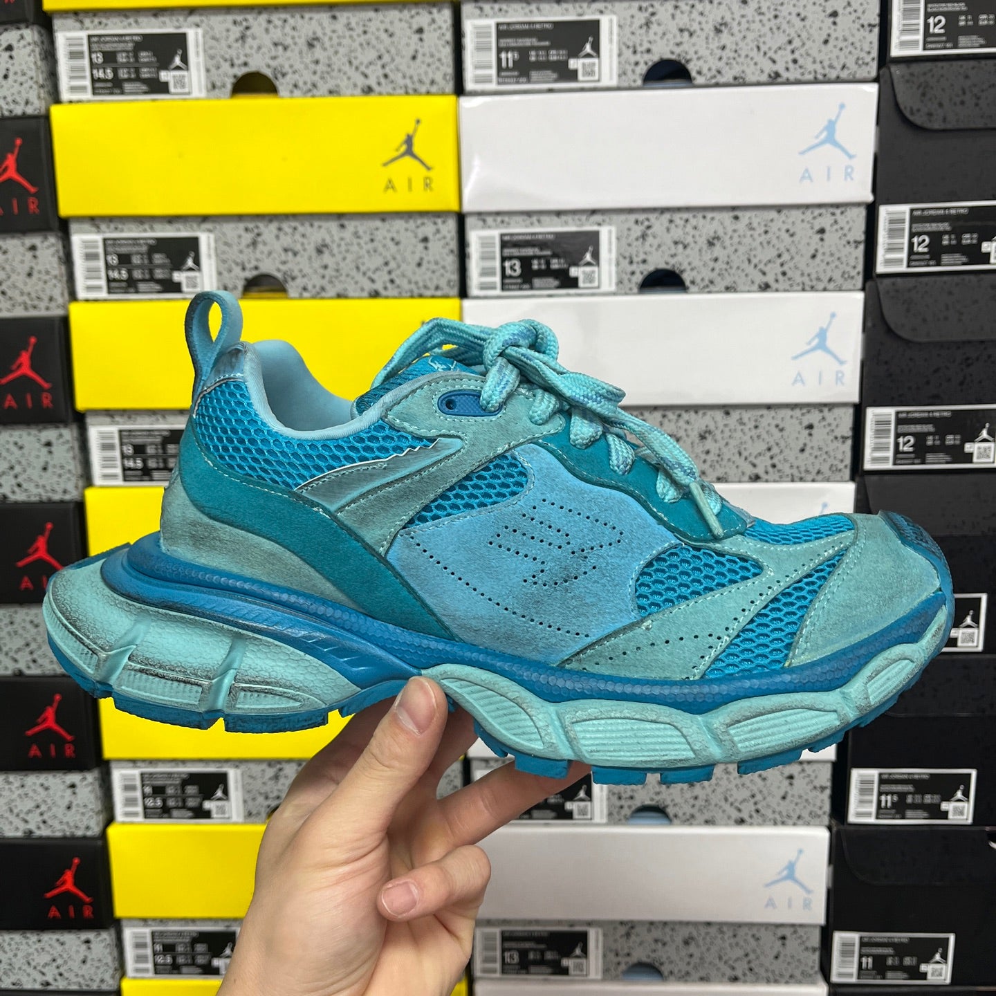 Balenciaga unisex sneakers in teal blue with mesh panels, suede overlays, lace-up