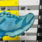 Balenciaga unisex sneaker toe and side, teal blue mesh and suede details