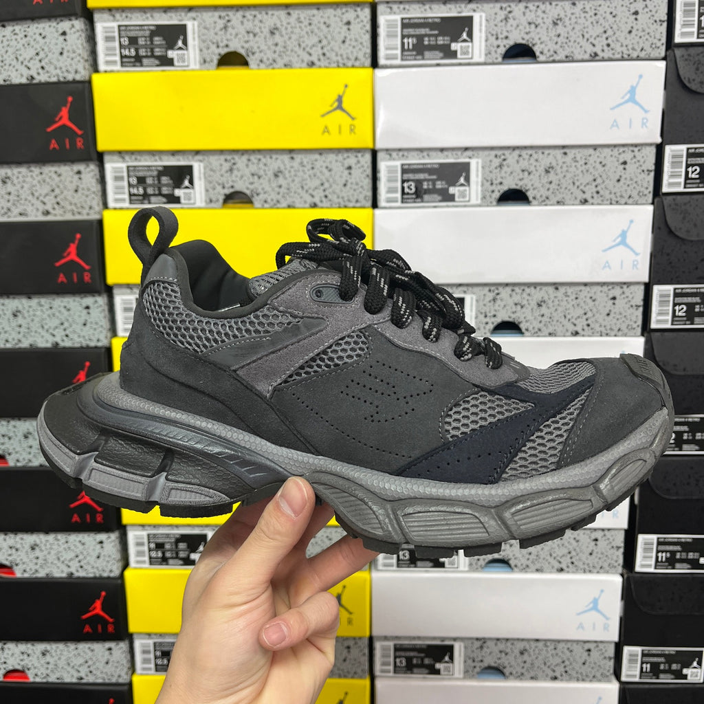 Grey mesh and suede sport sneaker with black laces and chunky rubber sole