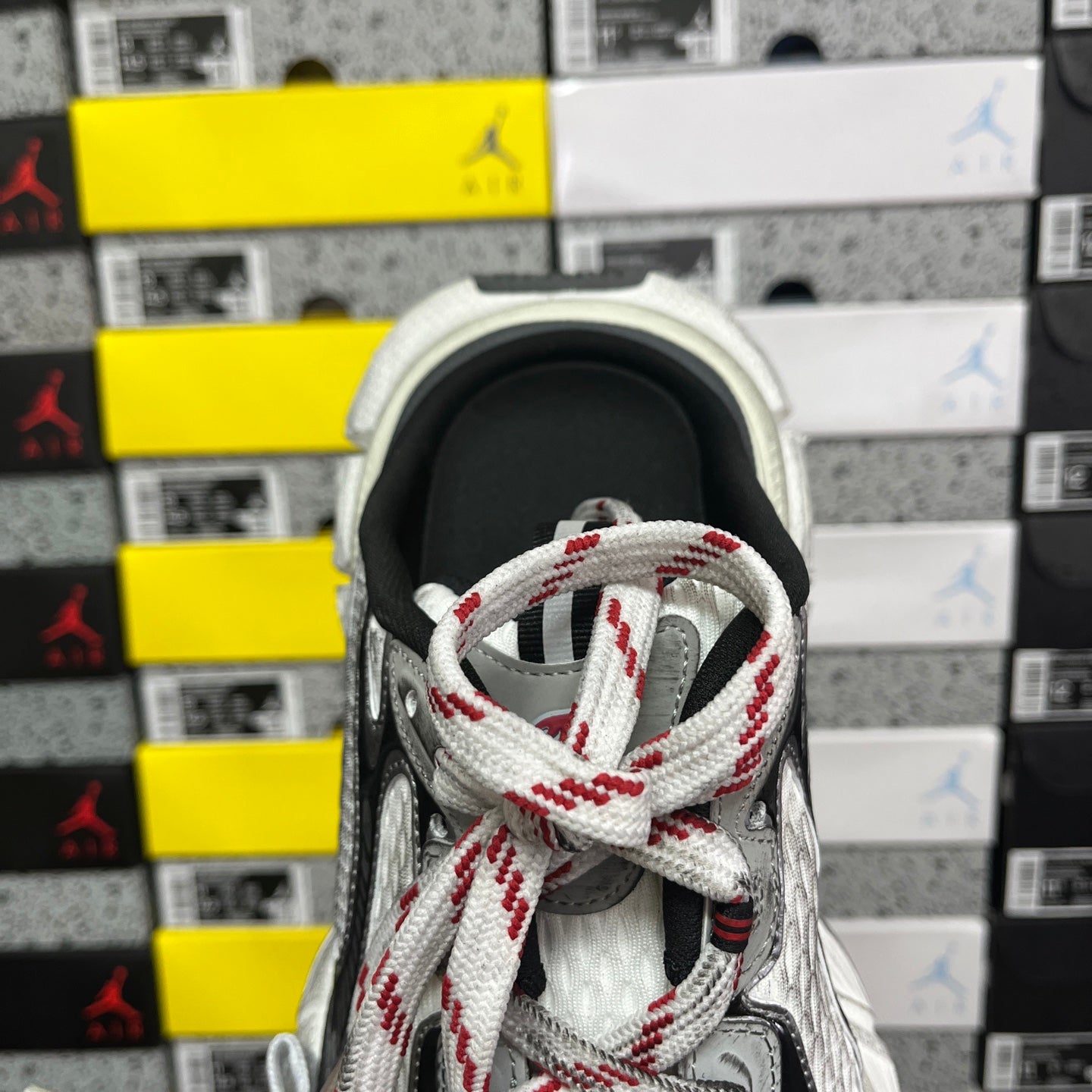 Balenciaga unisex sneaker toe, white laces with red accents on gray knit