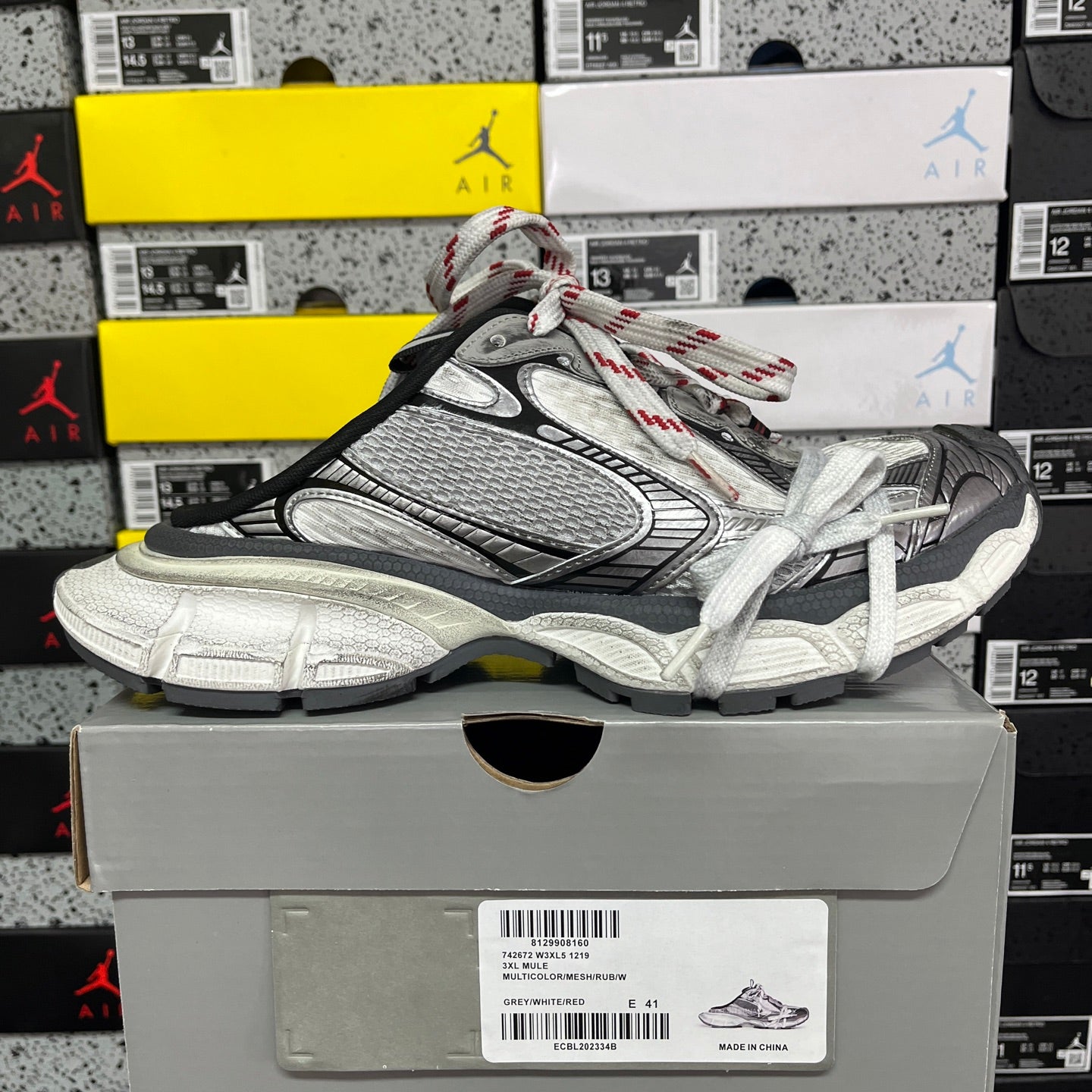 Balenciaga unisex sneaker, gray mesh upper with black overlays, white lace-up