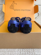 Louis Vuitton unisex sneakers, heel view with blue uppers and black back panels