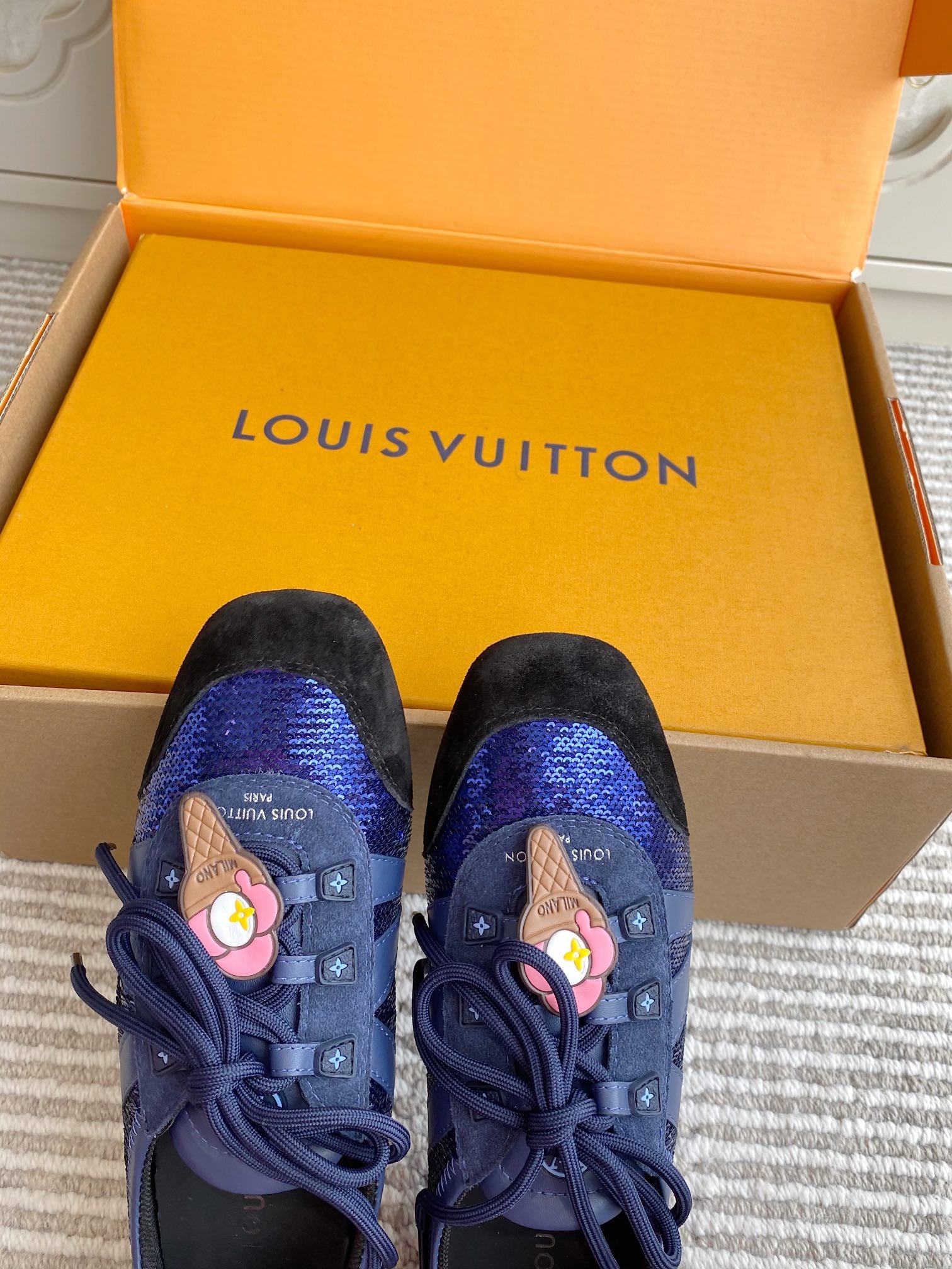 Louis Vuitton unisex sneakers, pair view with blue uppers and dark navy laces
