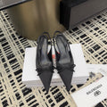 Women's pointed toe slingback shoes with bow, black leather, mid heel