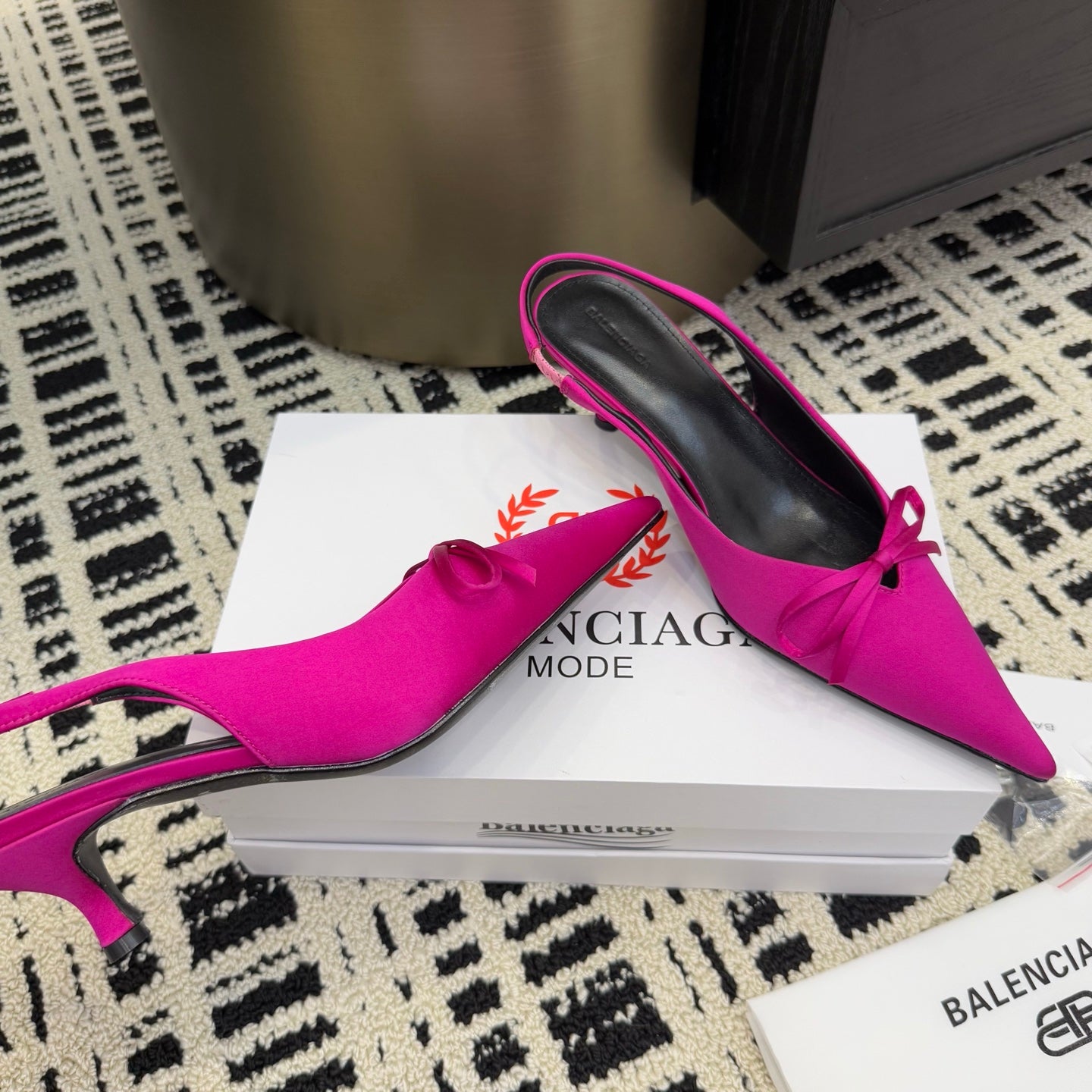 Women's hot pink slingback pump with bow tie and pointed toe