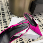 Women's hot pink satin slingback pumps, pointed toe and black interior