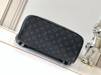 Louis Vuitton monogram bag pouch with top zipper, black straps, and stitched trim