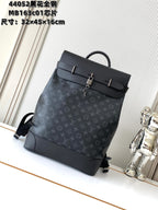 Louis Vuitton bag in dark monogram canvas with top flap, front buckle, and black straps