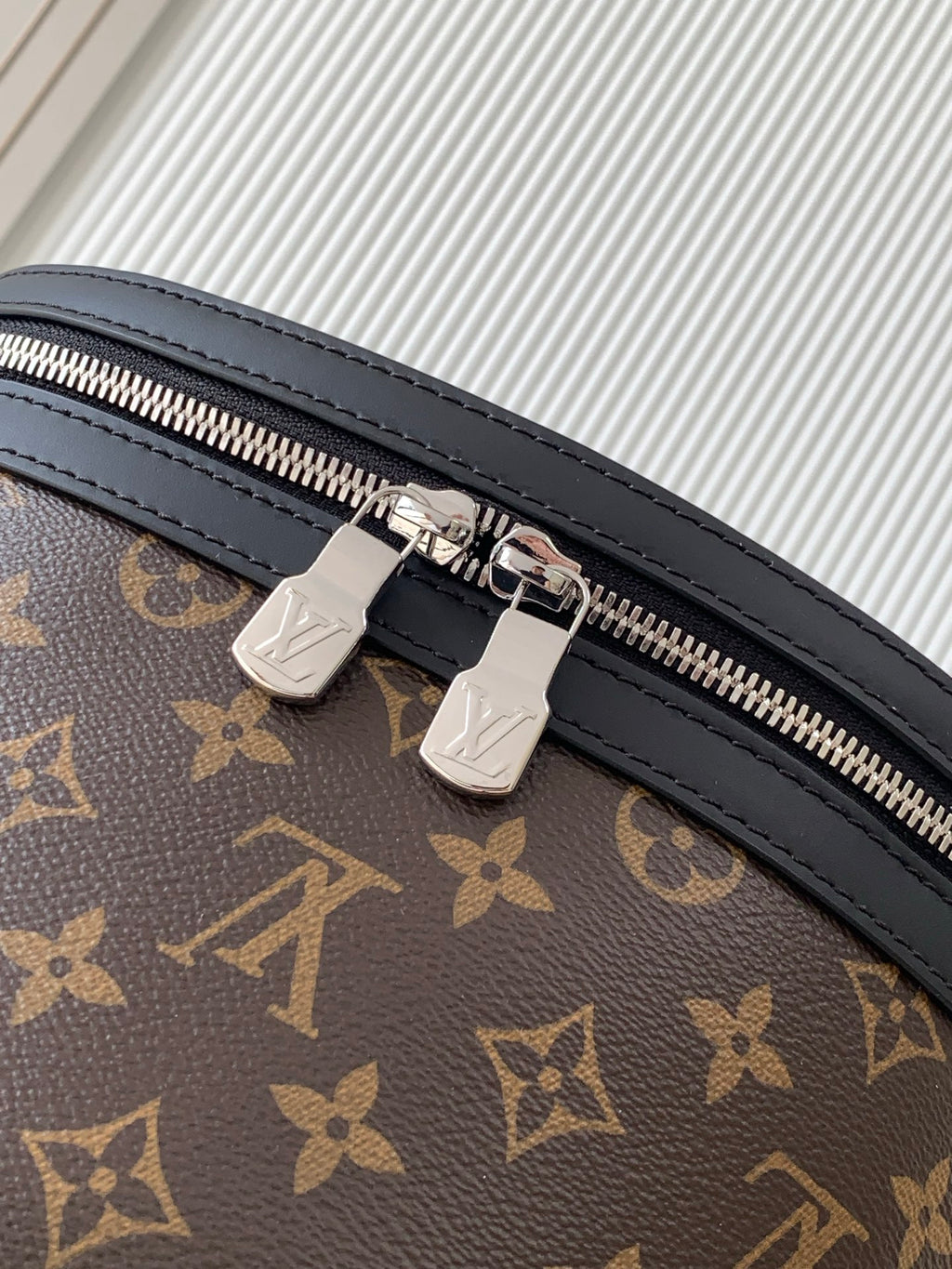 Louis Vuitton monogram backpack zipper close-up with two metal pulls and black trim