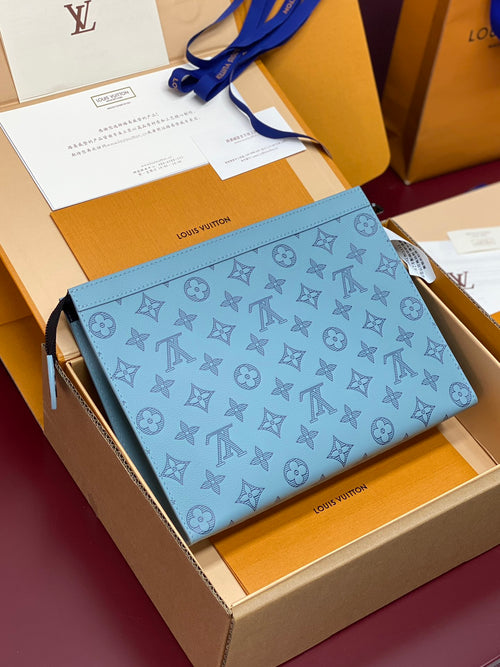 Louis Vuitton small blue monogram crossbody bag with zip-top and side pockets