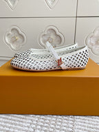 Louis Vuitton logo-pattern ballet flats with white strap and low profile sole, side view