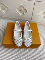 Louis Vuitton logo-pattern flats with white straps and lattice upper, pair of ladies shoes