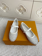 Louis Vuitton logo-pattern flats with white lace-up strap, front and side pair view