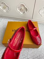 Women's Louis Vuitton red flats with logo-printed insole and front strap