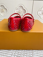 Women's Louis Vuitton red flats with openwork lattice sides and rear sling straps