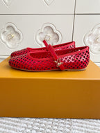 Women's Louis Vuitton red flats with cutout lattice upper and ankle strap