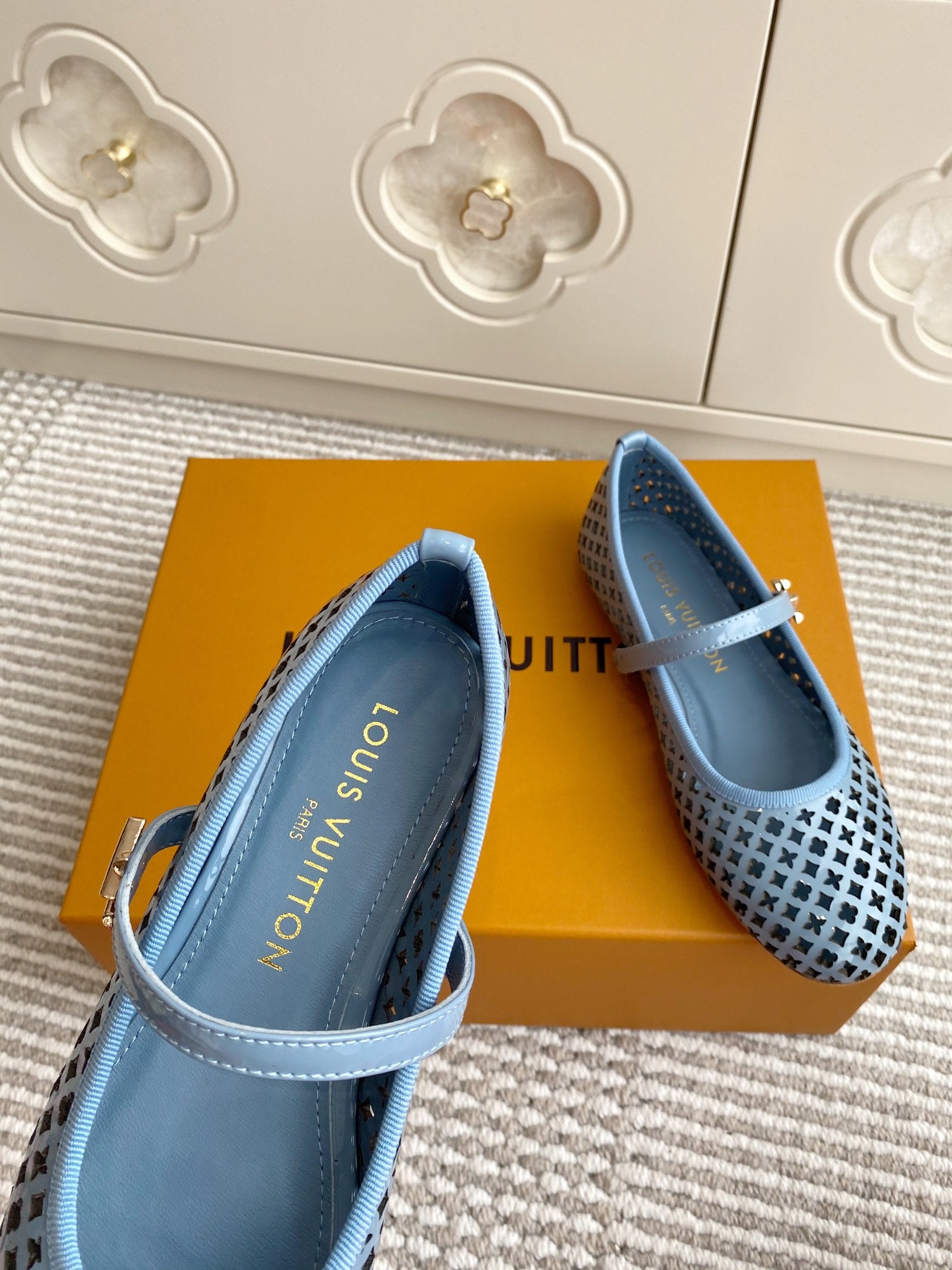 Close-up of interior lining and light blue perforated flats with strap