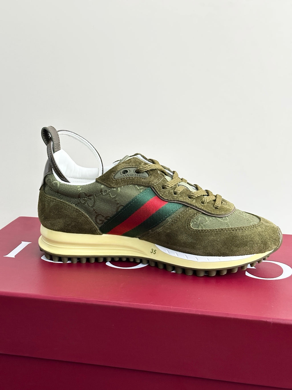 Olive Gucci ladies sneakers with green laces, Web stripe, cream sole; size 35 visible