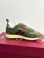 Olive Gucci ladies sneakers with green laces, Web stripe, cream sole; size 35 visible
