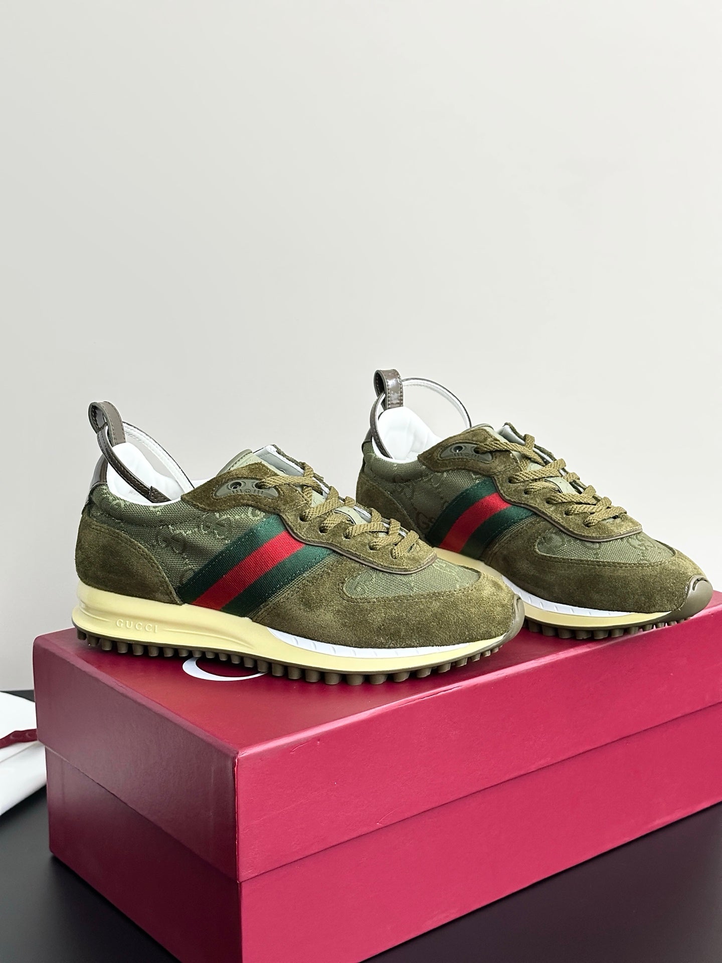 Olive Gucci ladies sneakers with green laces, multicolor Web stripe, cream sole