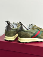 Olive Gucci ladies sneakers, rear view with heel pull tabs and Web stripe on side