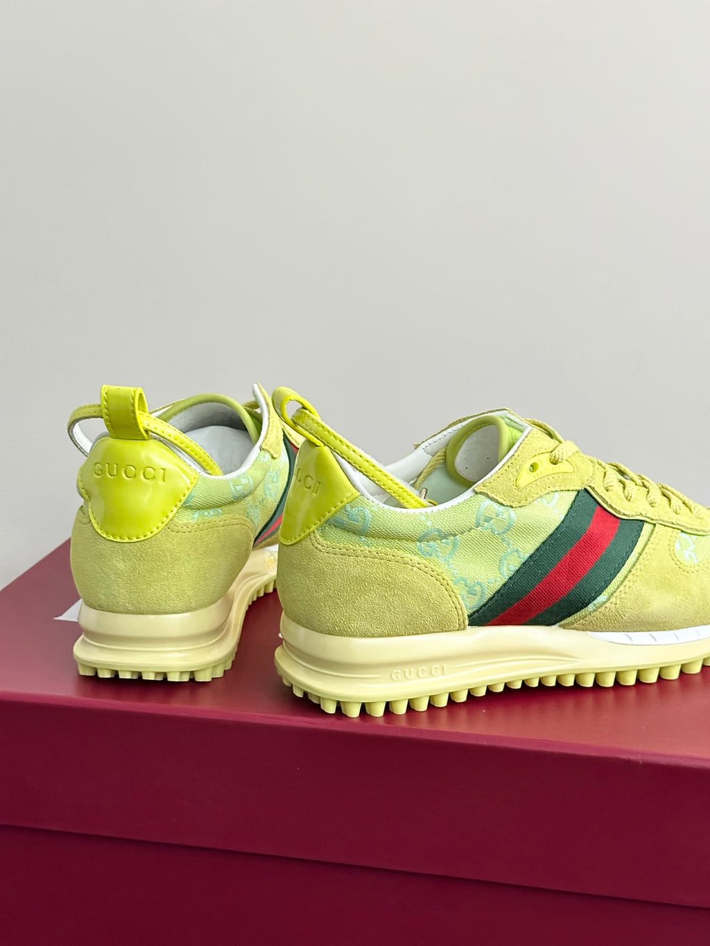 Women's Gucci sneakers, lime yellow suede with Gucci heel logo and side stripe