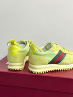 Women's Gucci sneakers, lime yellow suede with Gucci heel logo and side stripe