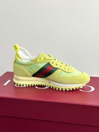 Women's Gucci lace-up sneakers in lime yellow with green-red stripe and low-profile sole