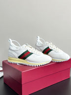 Gucci white sneakers on box with green-red stripe and yellow rubber sole