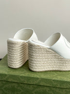 White Gucci platform slides heel view, showing woven wedge and cushioned interior