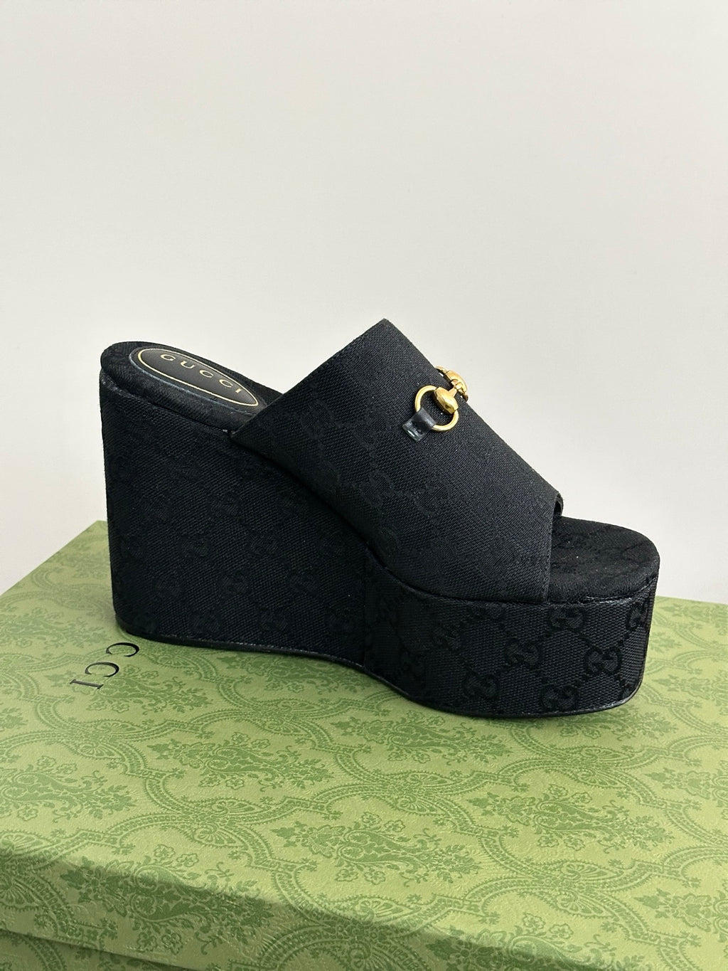 Gucci womens luxury shoes, dark platform wedge mule with gold horsebit strap detail