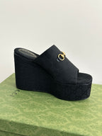Gucci womens luxury shoes, dark platform wedge mule with gold horsebit strap detail