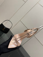 Light nude pointed-toe high-heel sandal with slingback strap and thin ankle straps