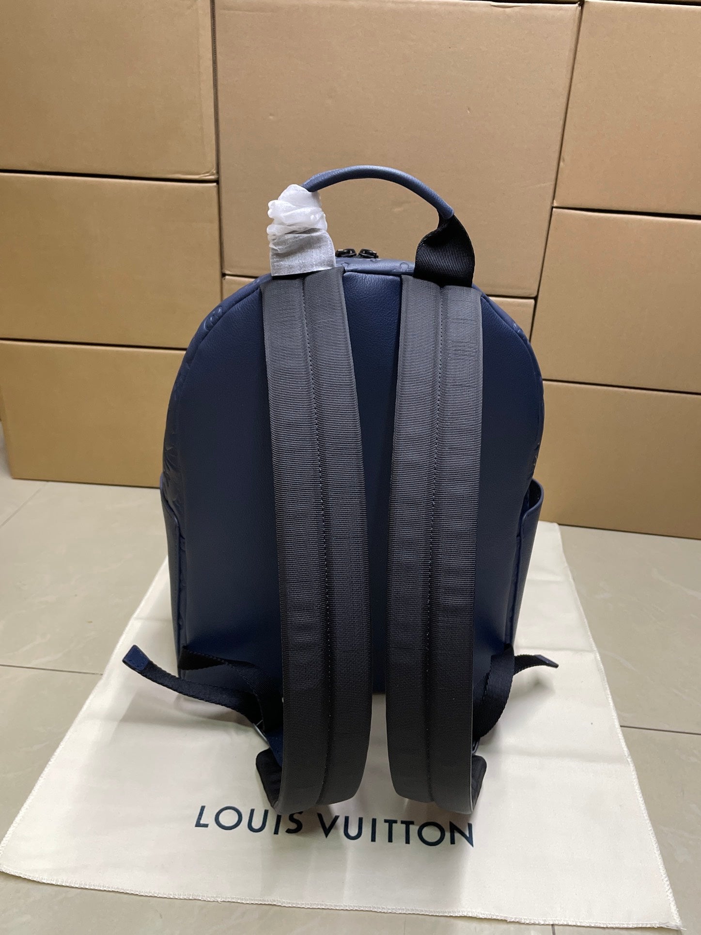 Louis Vuitton monogram backpack in navy blue, back view with adjustable shoulder straps